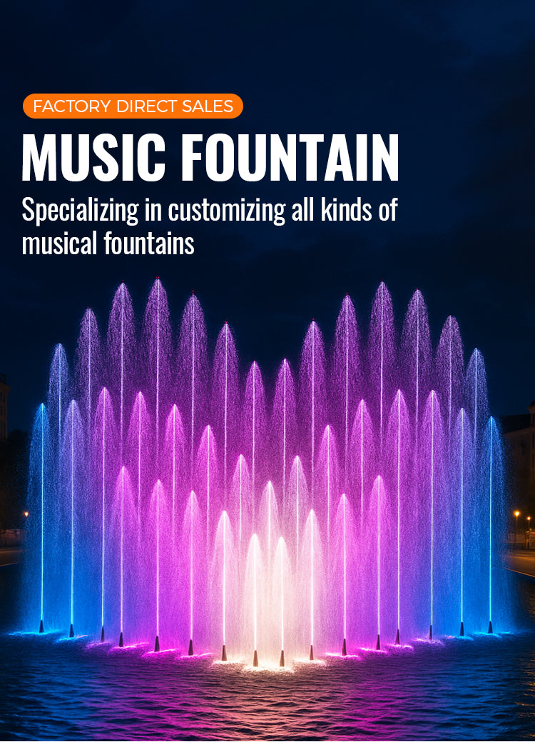 Colorful music fountain with text about factory direct sales and customization services.