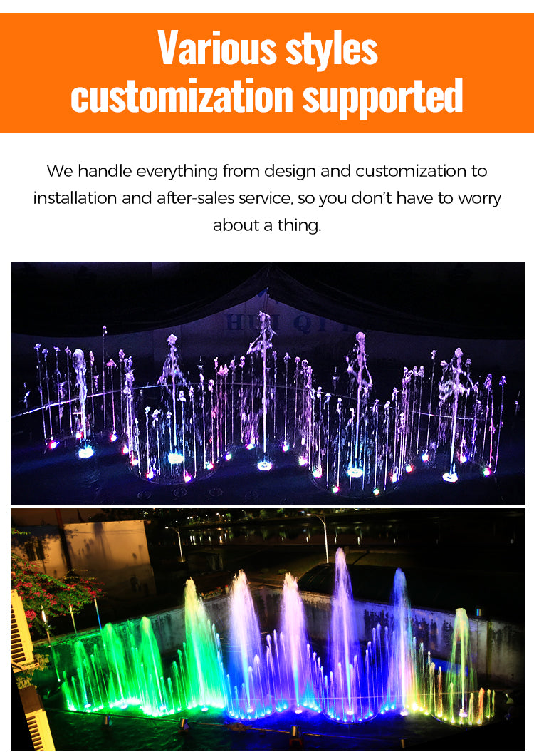 LED fountain lights with colorful water display and text about customization support.