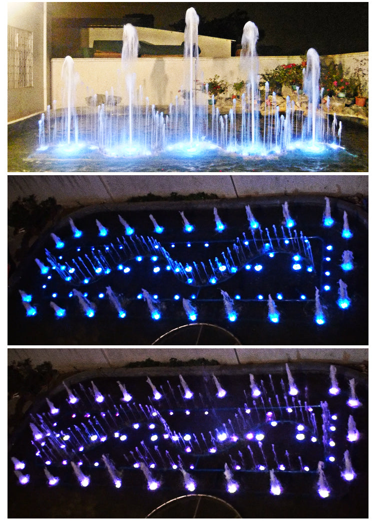 Fountain with blue LED lights in an outdoor setting