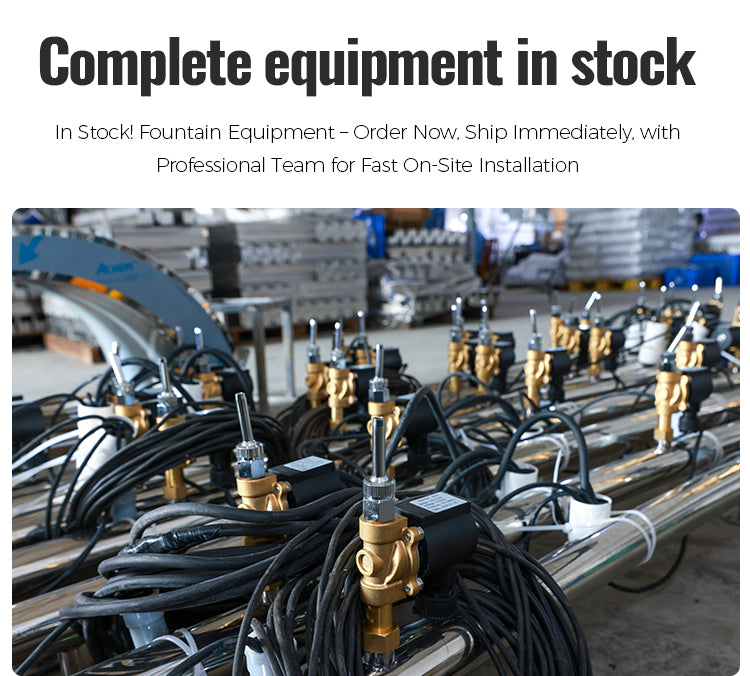 Fountain equipment with hoses and nozzles in a warehouse setting, promotional text above.