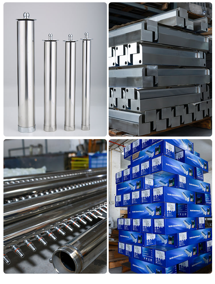 Collage of metal components and blue boxes in a warehouse setting