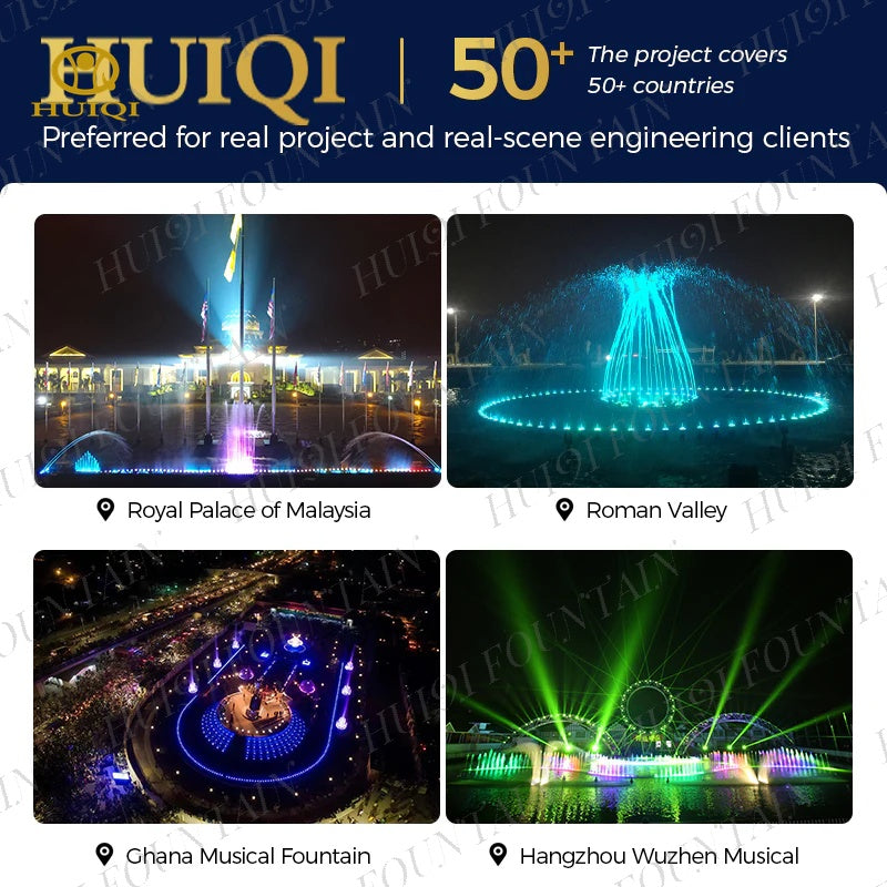 Colorful music fountain with architectural background, featuring text about customization services.