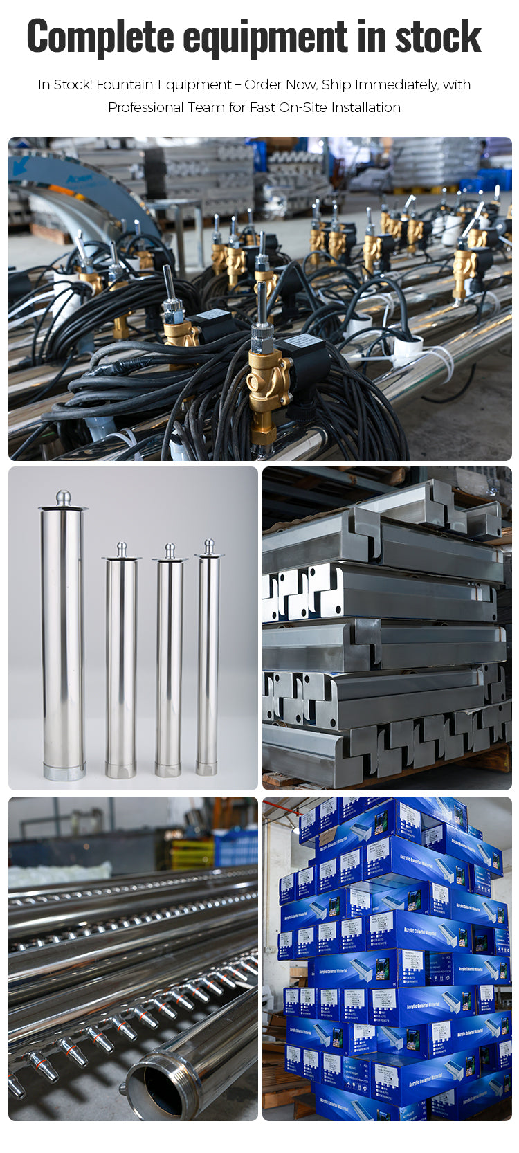 Collage of various equipment including pipes, metal components, and boxes with text about stock availability.