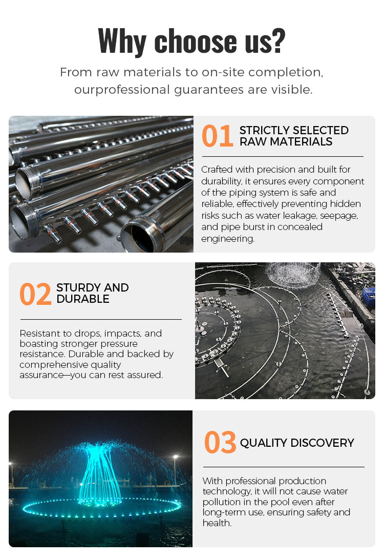 Promotional text about choosing a piping system with images of pipes and a water feature.