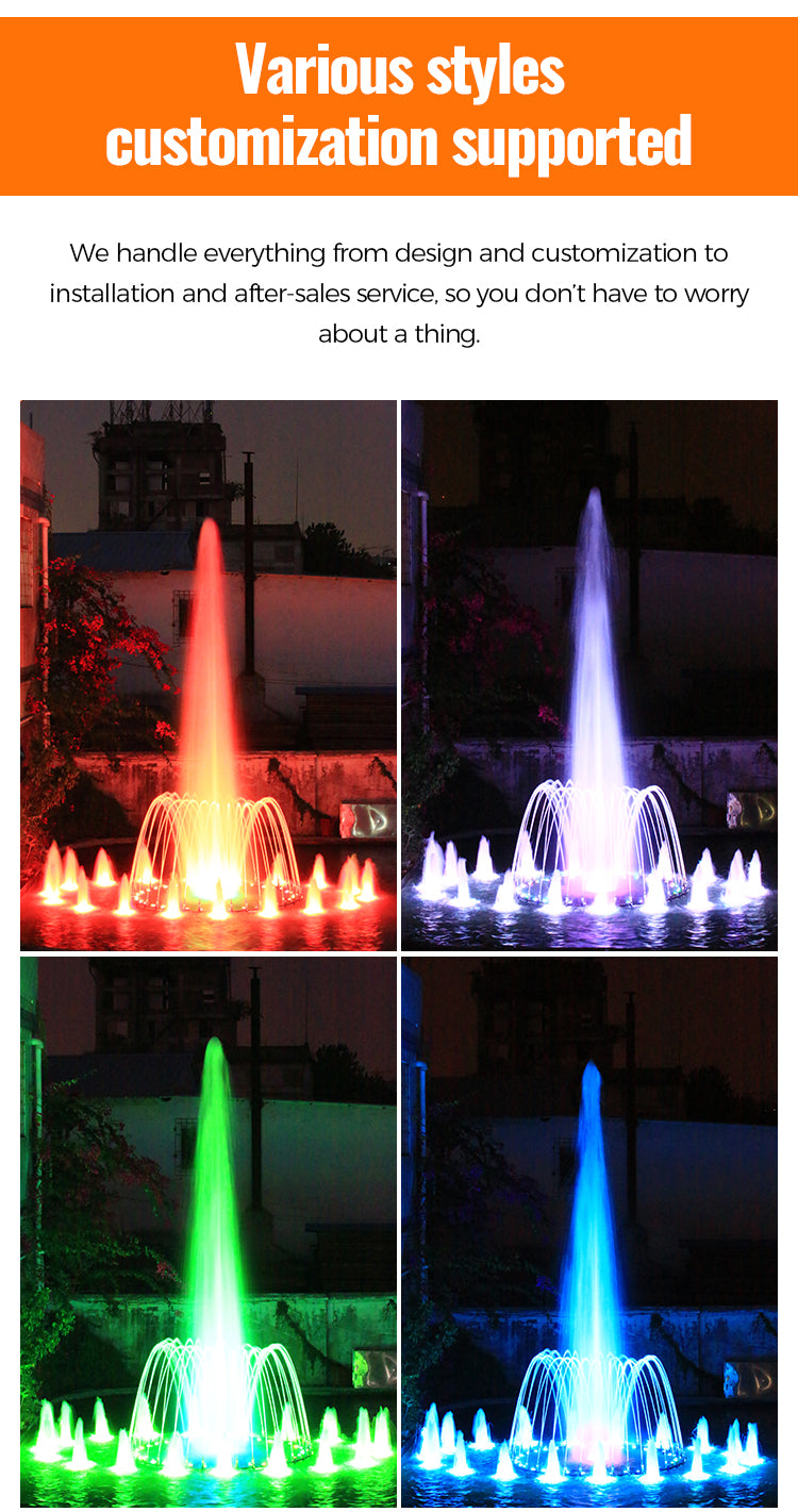 Colorful fountain lights with text about customization support.