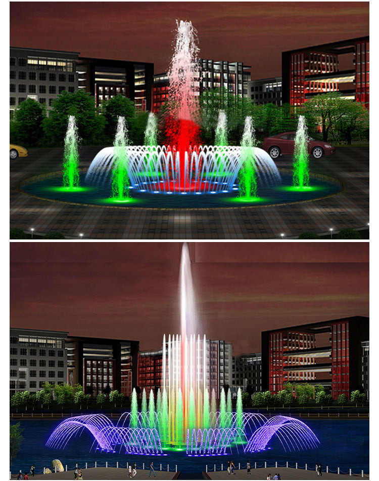 Colorful fountain show with changing water patterns in an urban setting at night.