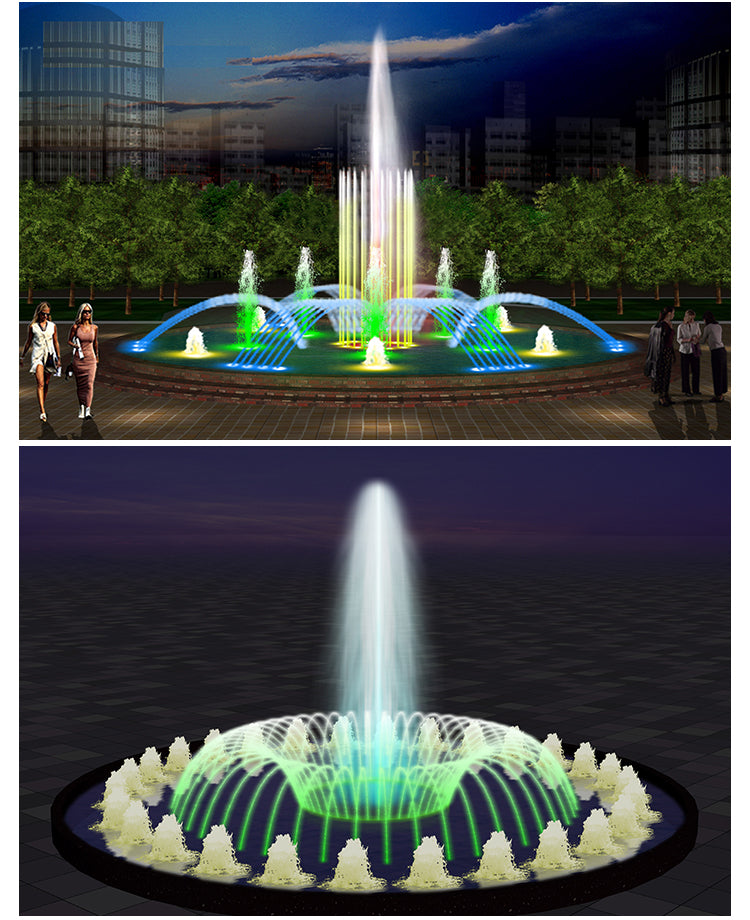 Fountain with colorful lights in an urban setting