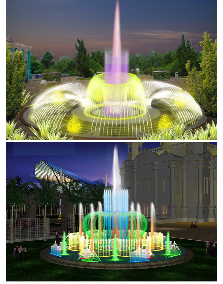 Colorful fountain in a park with trees and buildings in the background