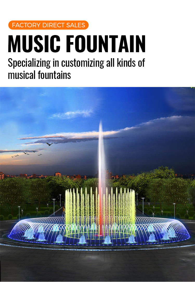 Colorful music fountain with Factory Direct Sales text on a white background