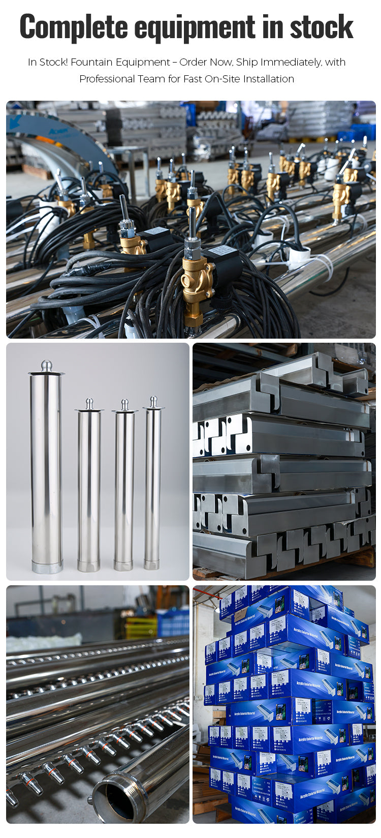 Collage of fountain equipment including pipes, nozzles, and boxes with text about stock availability.