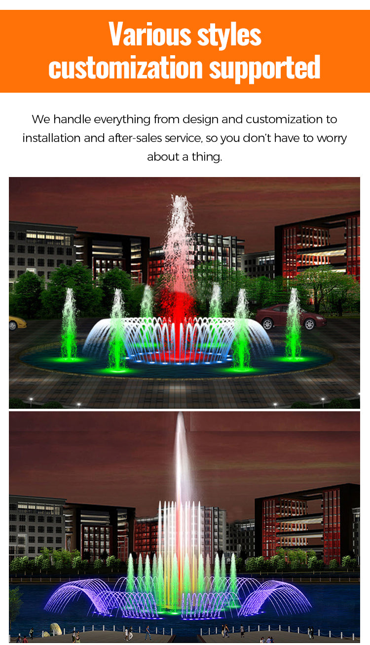 Colorful fountain with text about customization support on an orange background