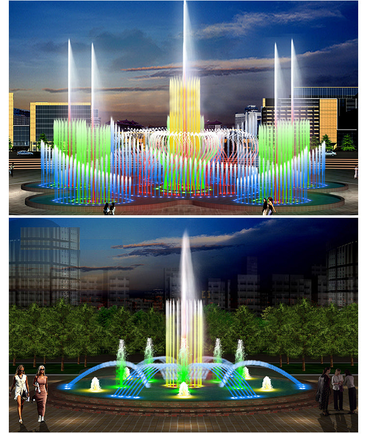 Colorful fountain with people around at night, surrounded by buildings.