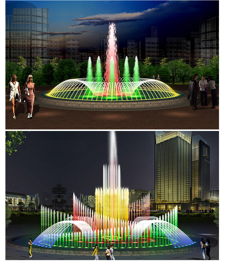 Colorful fountain show in an urban park with people watching at night.