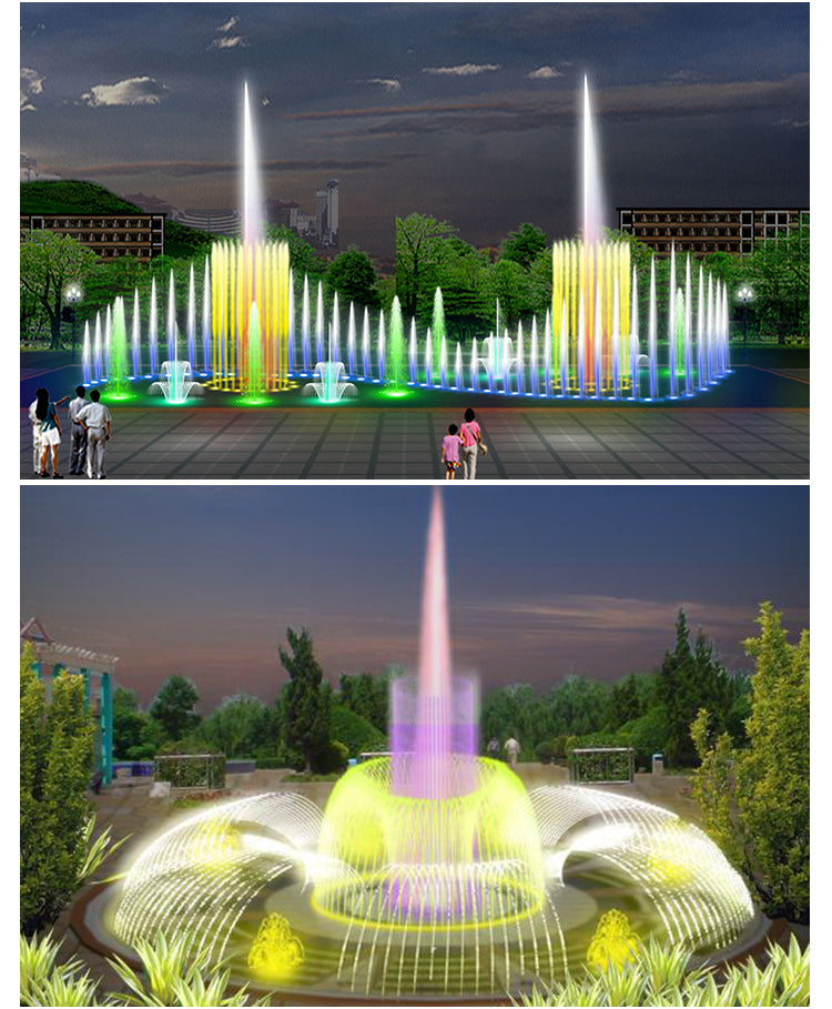 Colorful fountain show with people watching at night, surrounded by trees and buildings.
