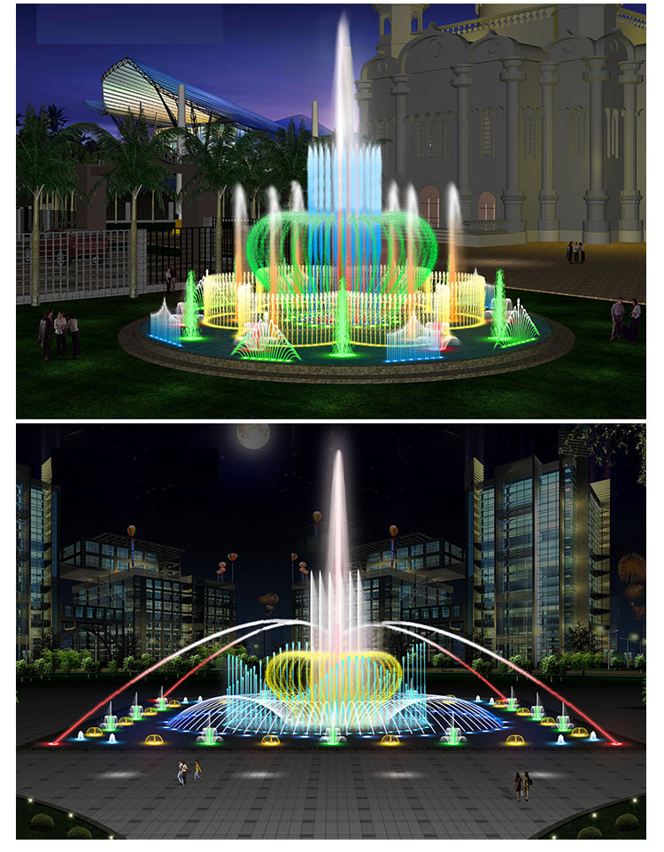 Colorful fountain show with dynamic water patterns in an urban setting