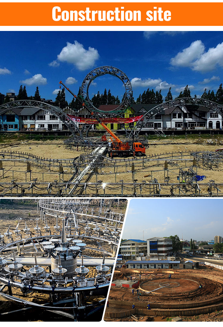 Construction site of a roller coaster with various stages of development.