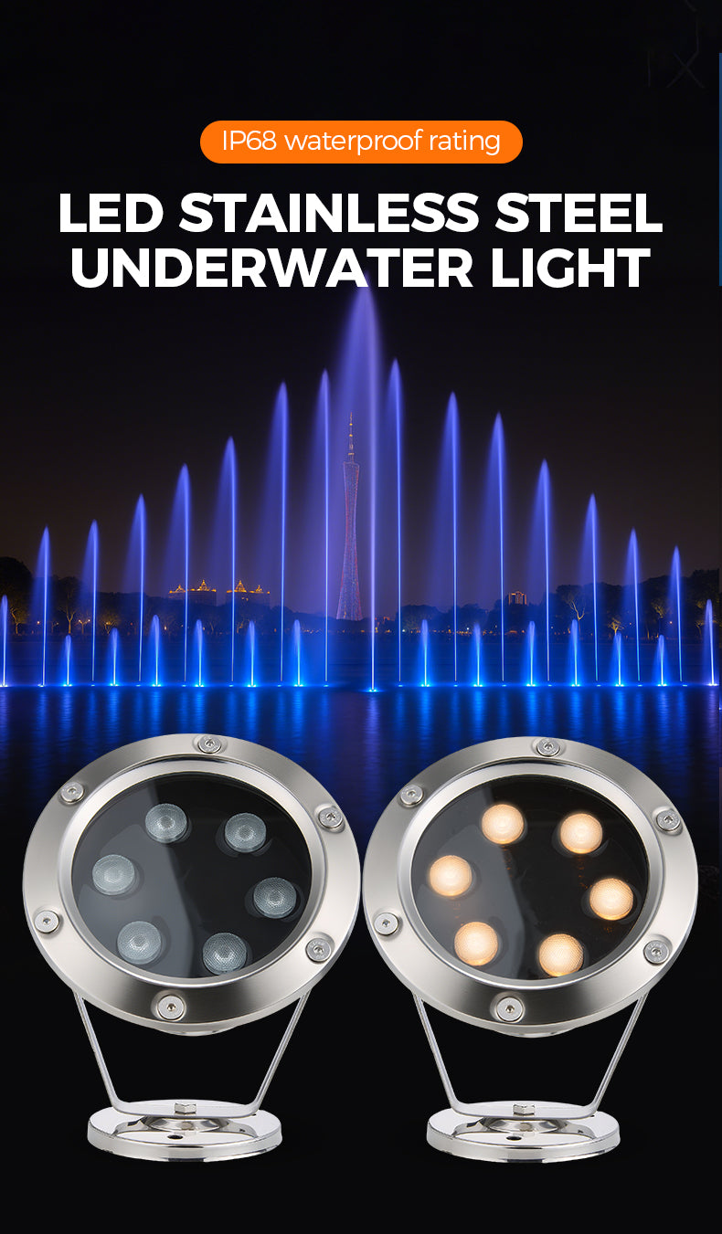 Two LED stainless steel underwater lights with a fountain in the background.