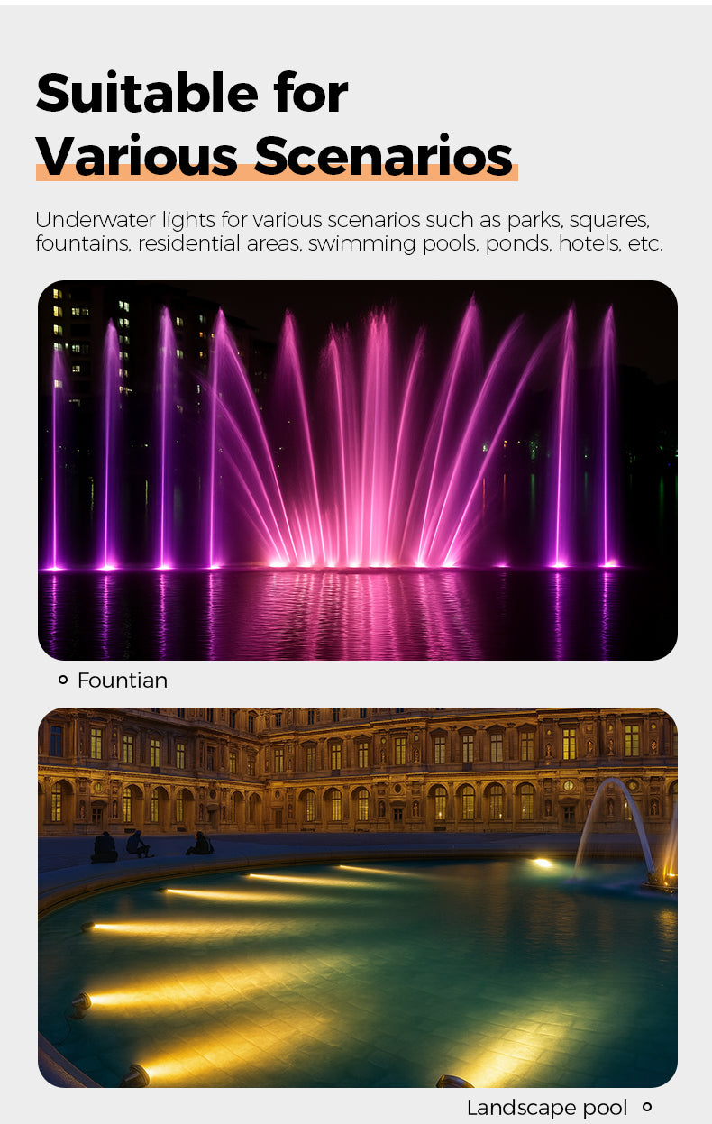 Underwater lights for fountains and landscape pools with text on suitability for various scenarios.
