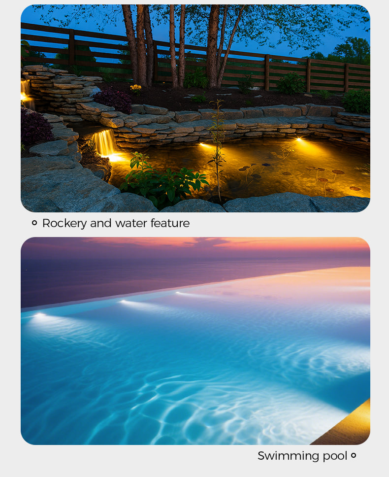 Two images: one of a rockery and water feature, the other of a swimming pool at sunset.