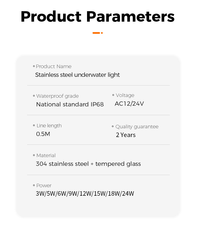 Product parameters of a stainless steel underwater light on a white background