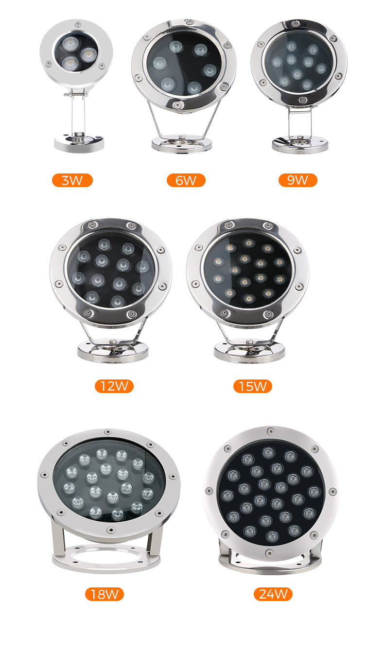 Set of LED lights with varying wattage labels on a white background