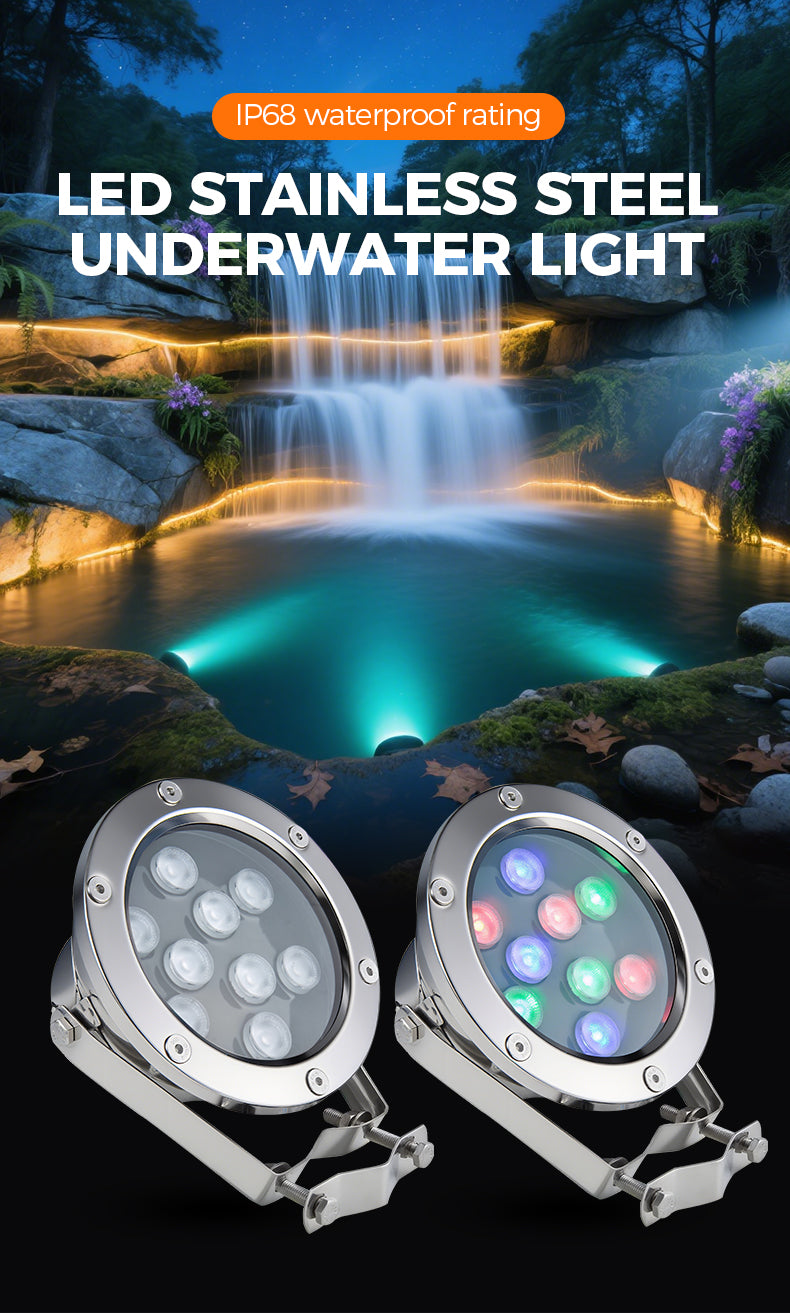 LED stainless steel underwater lights with IP68 rating on a scenic water feature background.