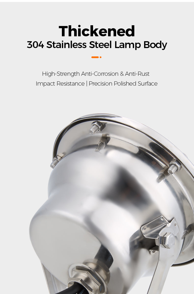Stainless steel lamp body with text highlighting features on a white background
