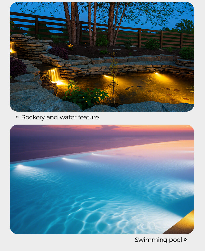 Two images: one of a rocky water feature with lights at night, and another of a swimming pool during sunset.