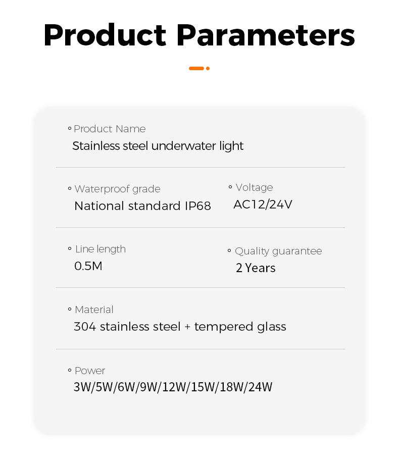 Product parameters of a stainless steel underwater light on a white background