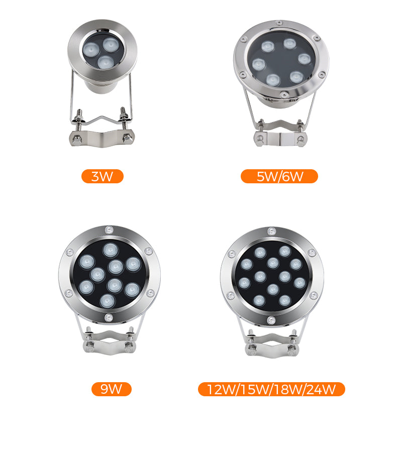 Set of four LED lights with varying wattage labels on a white background
