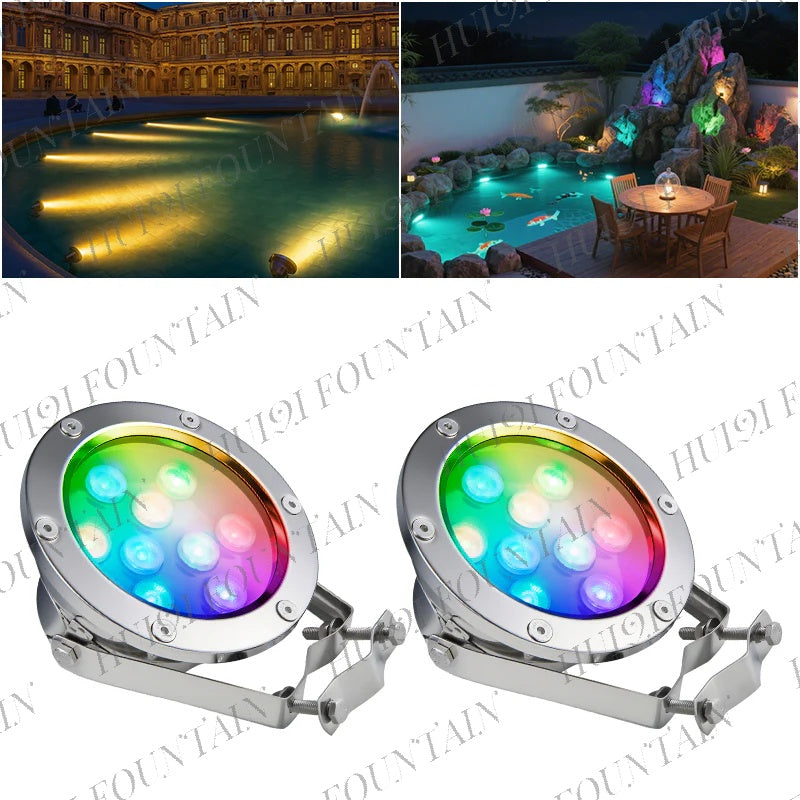 Two underwater LED lights with colorful illumination on a white background, shown with outdoor pool and garden lighting examples.
