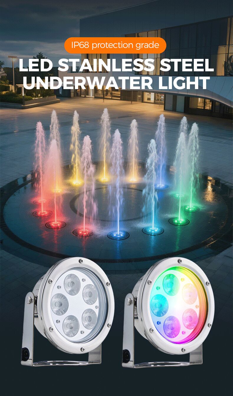 LED stainless steel underwater light with colorful illumination in a fountain setting.