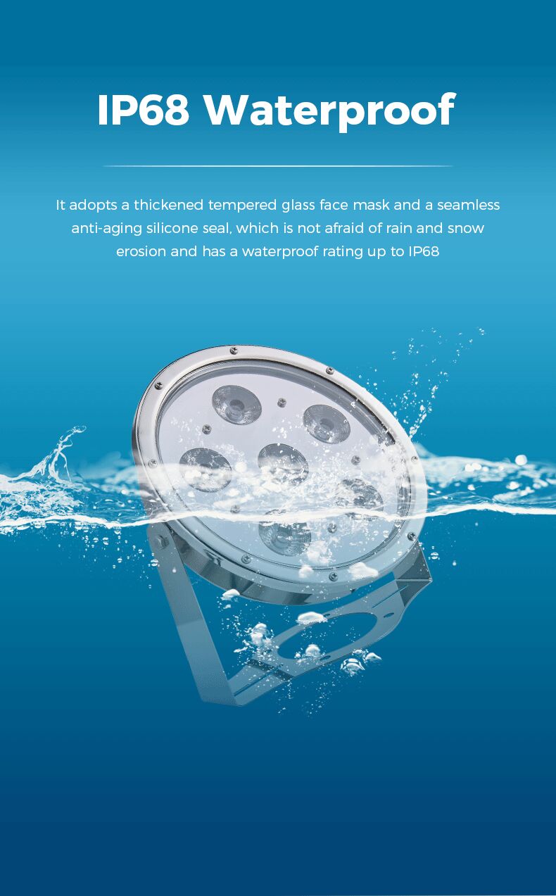 IP68 waterproof light fixture on a blue background with water splashes