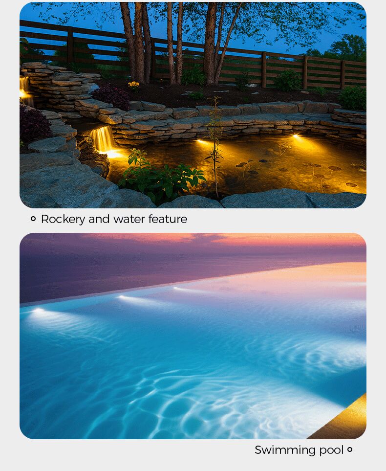 Rockery and water feature with lighting, followed by a swimming pool at sunset.