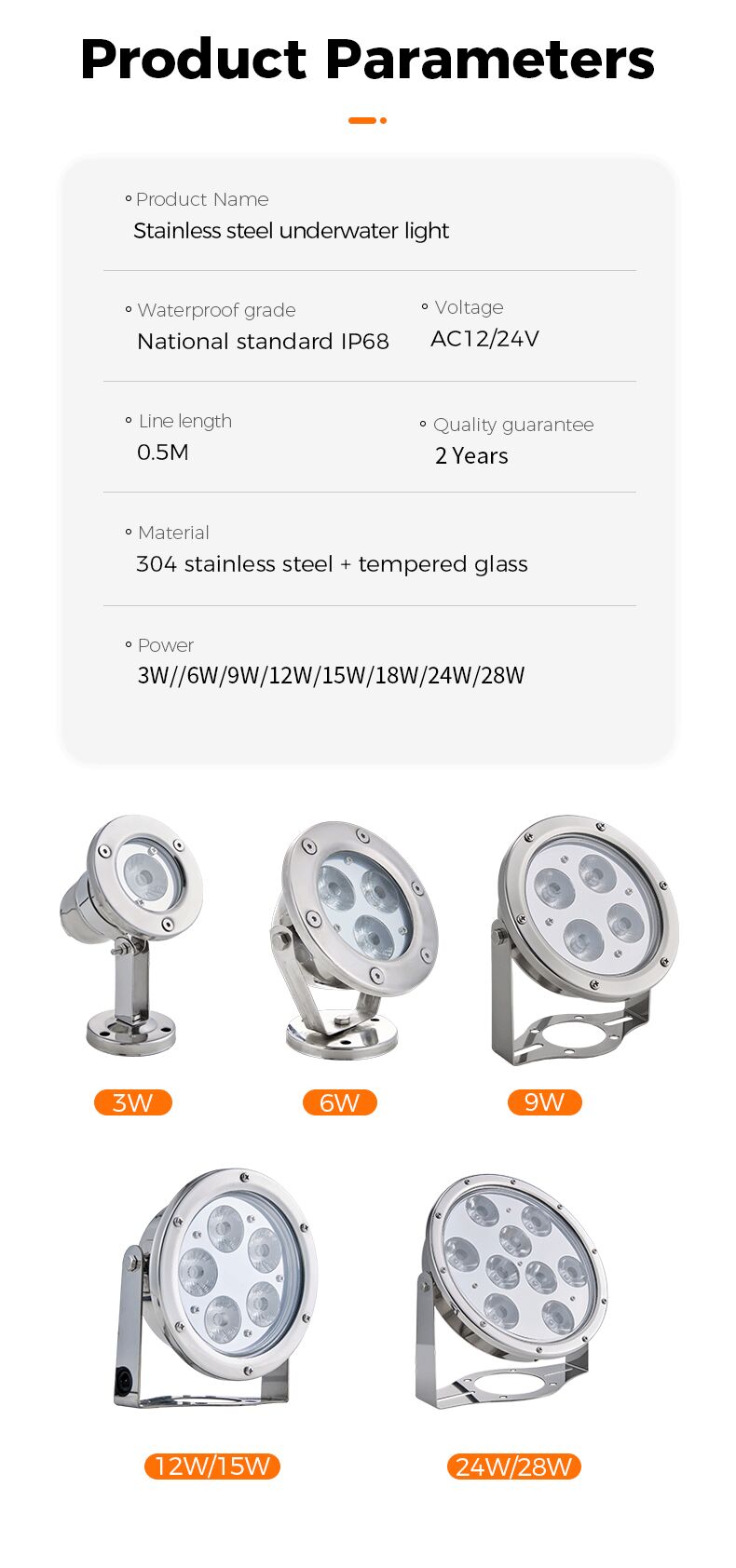 Product parameters of stainless steel underwater lights with images and specifications.