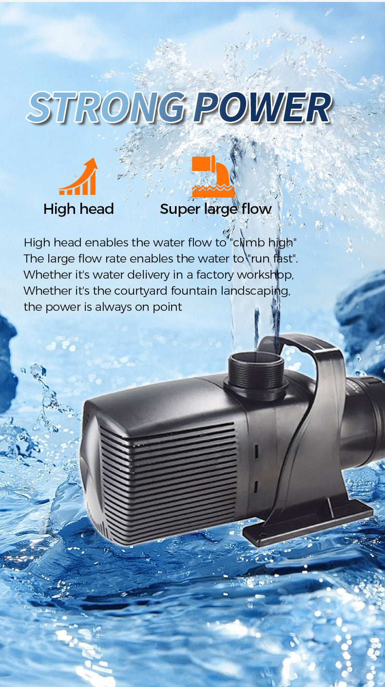 Pump with water flow and text highlighting 'Strong Power' features      