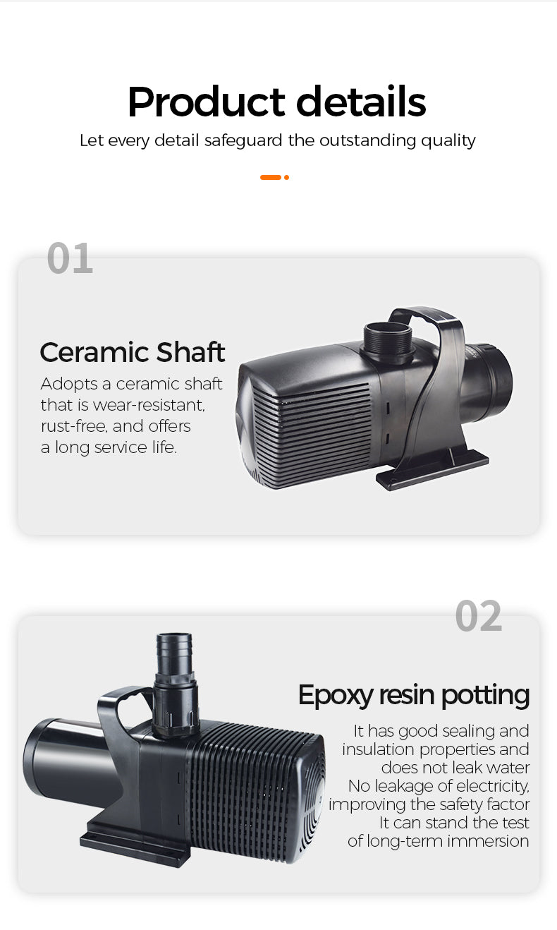 Product details of a pump with ceramic shaft and epoxy resin potting on a white background.