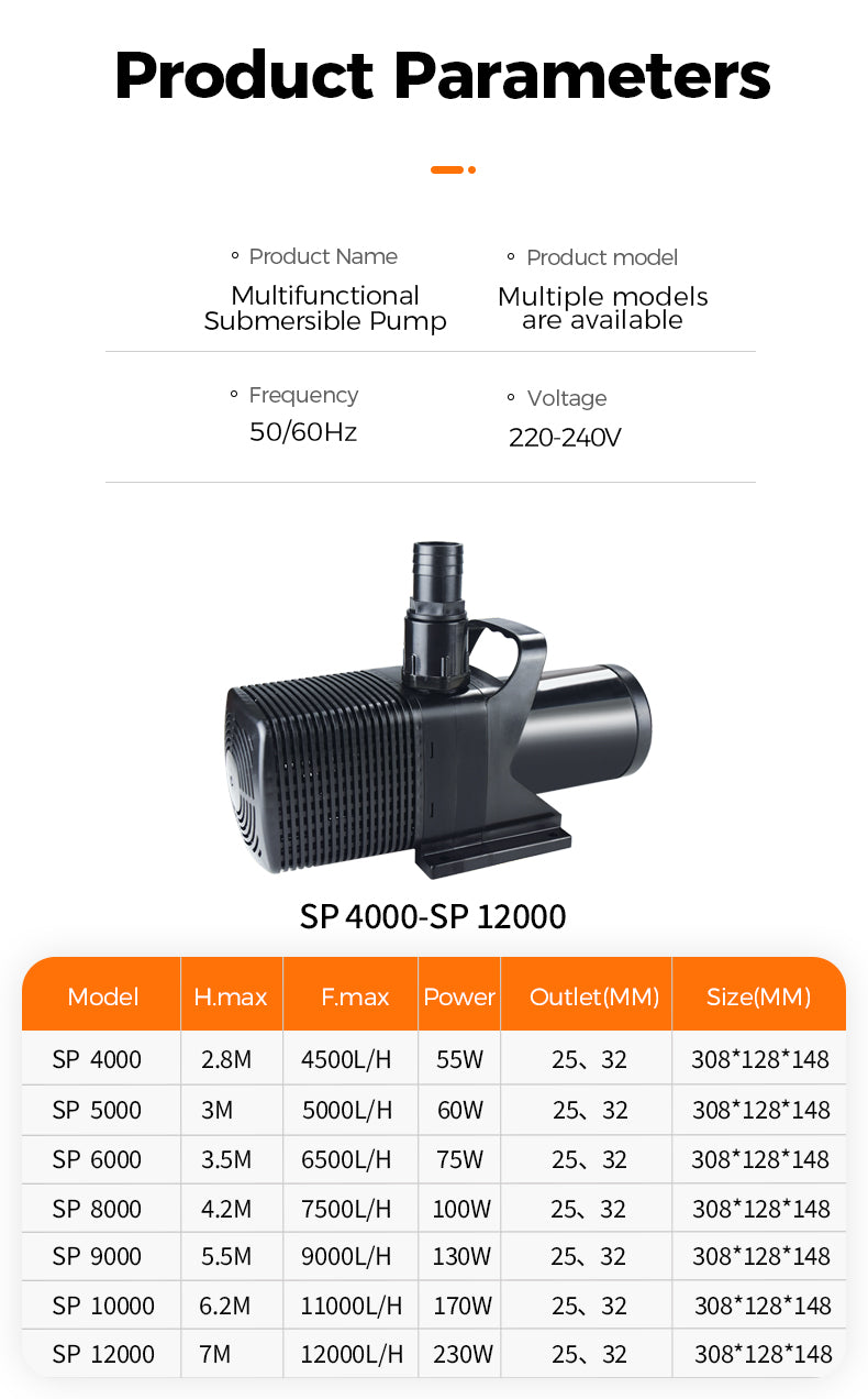 Multifunctional submersible pump with product parameters on a white background
