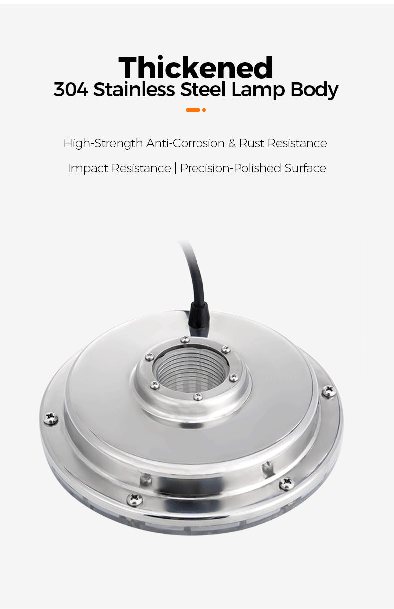 304 Stainless Steel Lamp Body with text highlighting features on a white background