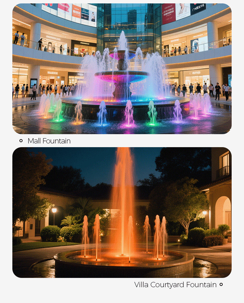 Mall fountain with colorful lights and Villa Courtyard fountain at night.