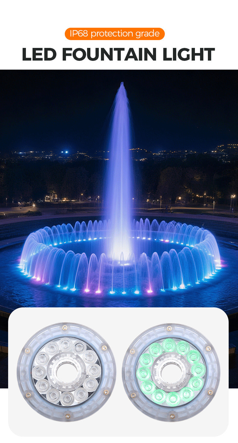 LED fountain light with water feature at night, showing IP68 protection grade.