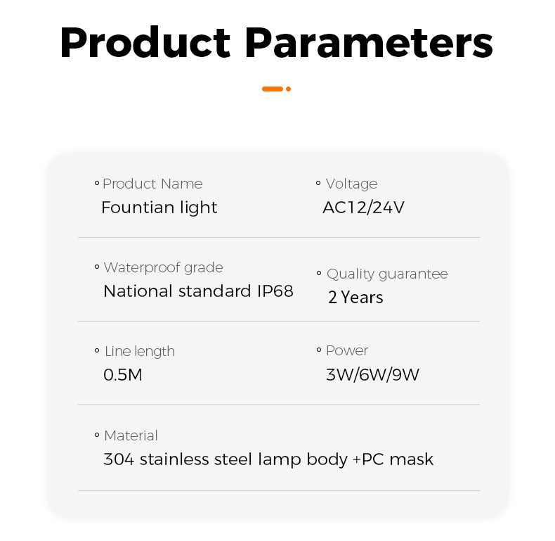 Product parameters of a fountian light on a white background