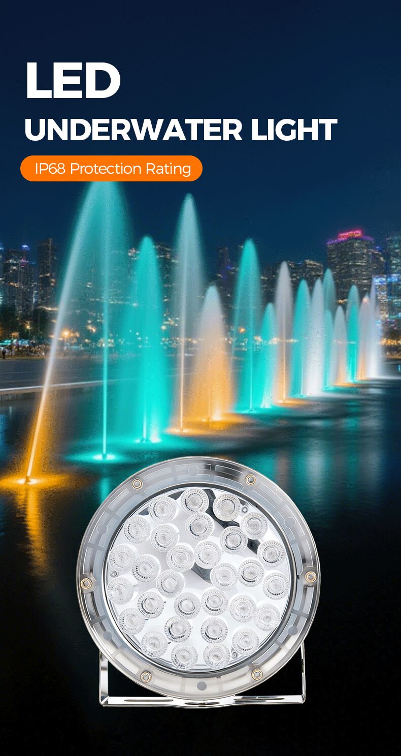 LED underwater light with fountain and cityscape background