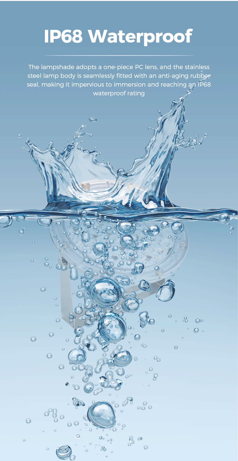 IP68 waterproof feature with water droplet and bubbles on a blue background