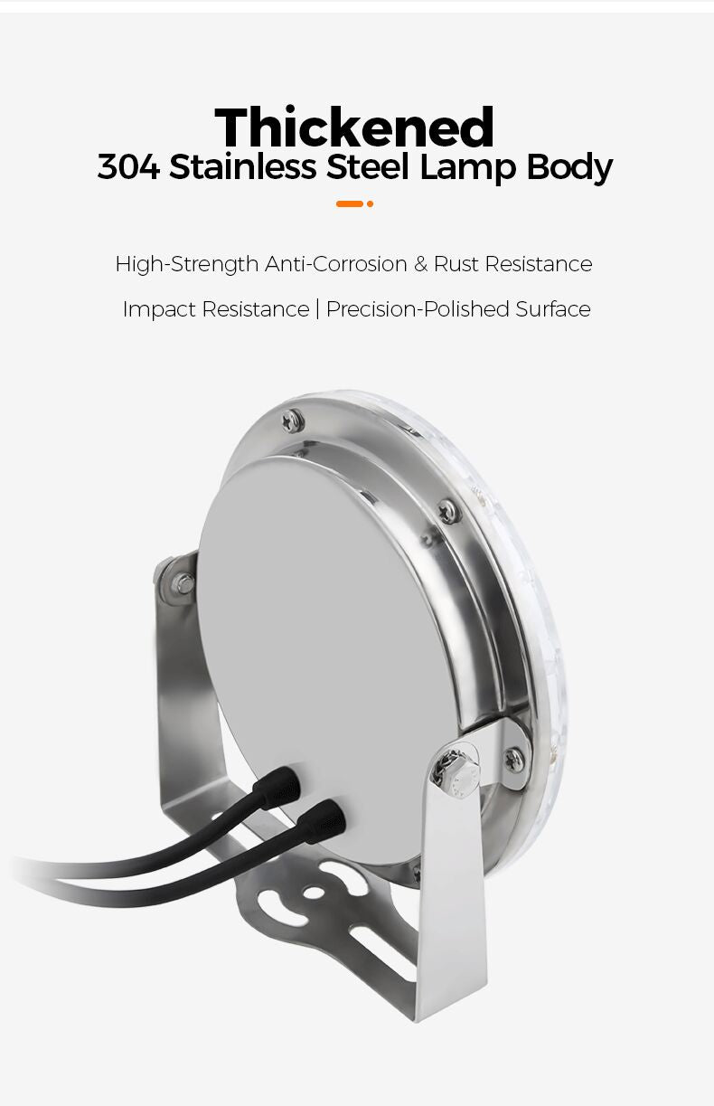 Stainless steel lamp body with text highlighting features on a white background
