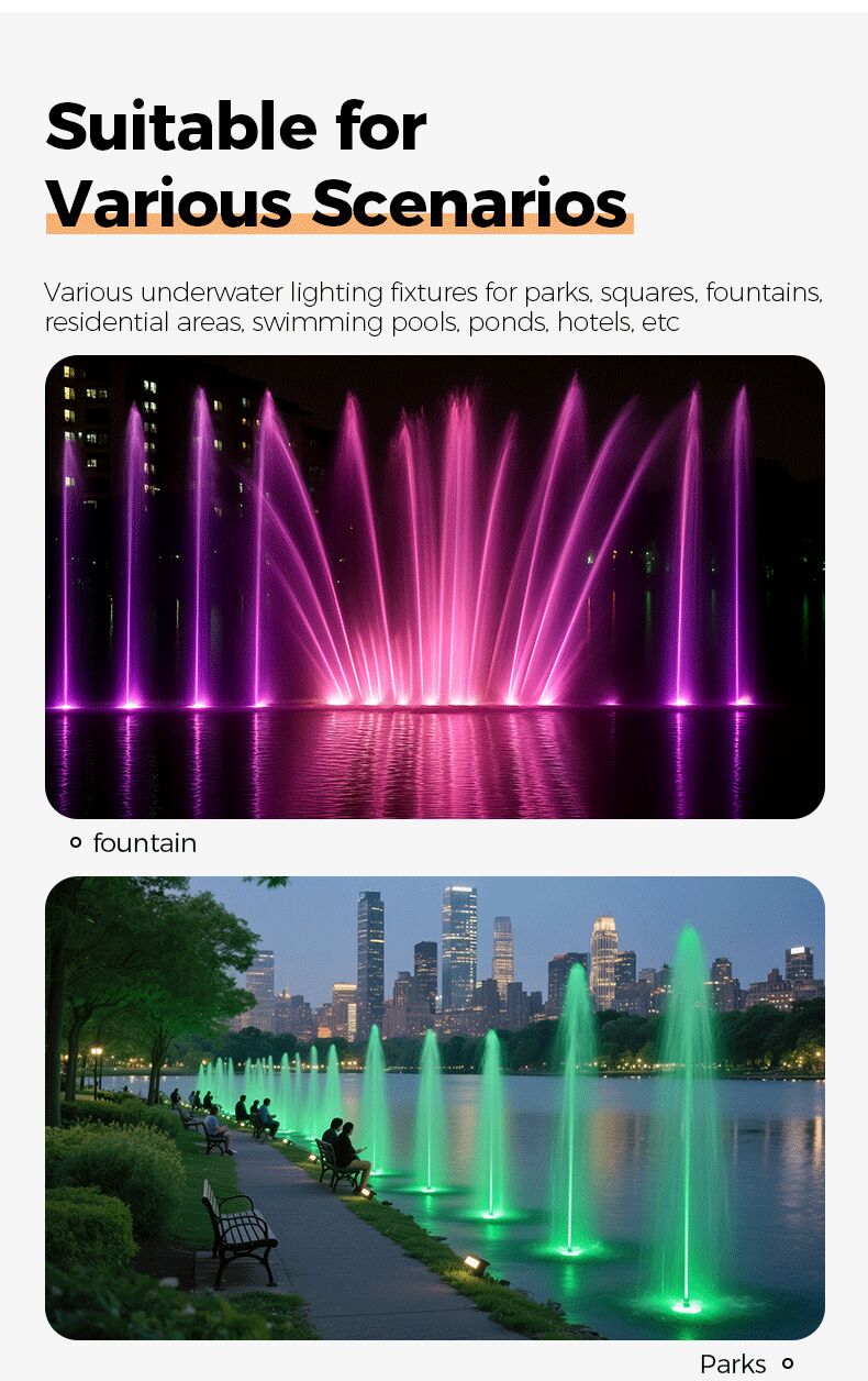 Underwater lighting fixtures for fountains and parks with text indicating suitability for various scenarios.