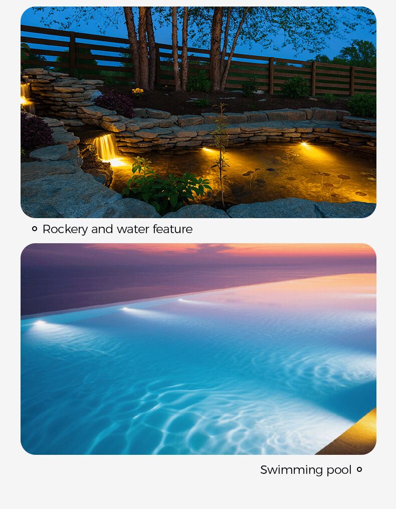 Top image: Rockery and water feature at night, Bottom image: Swimming pool with sunset reflection
