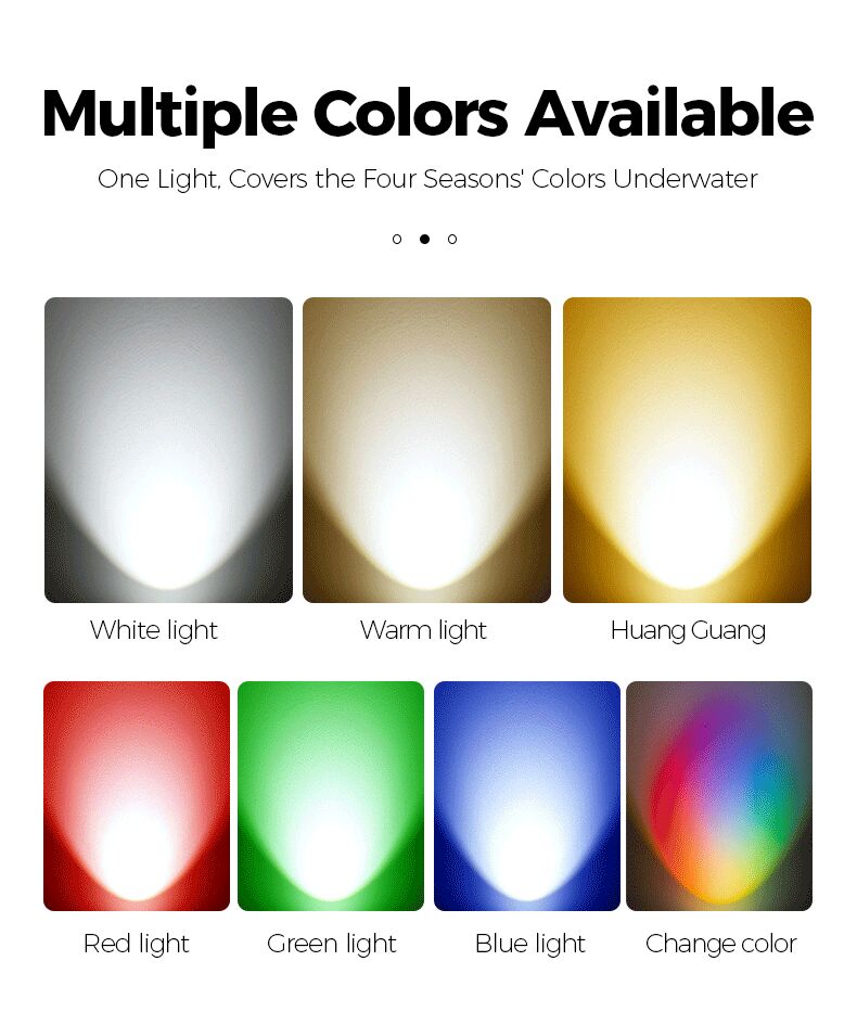 Color options for underwater lights displayed on a white background.