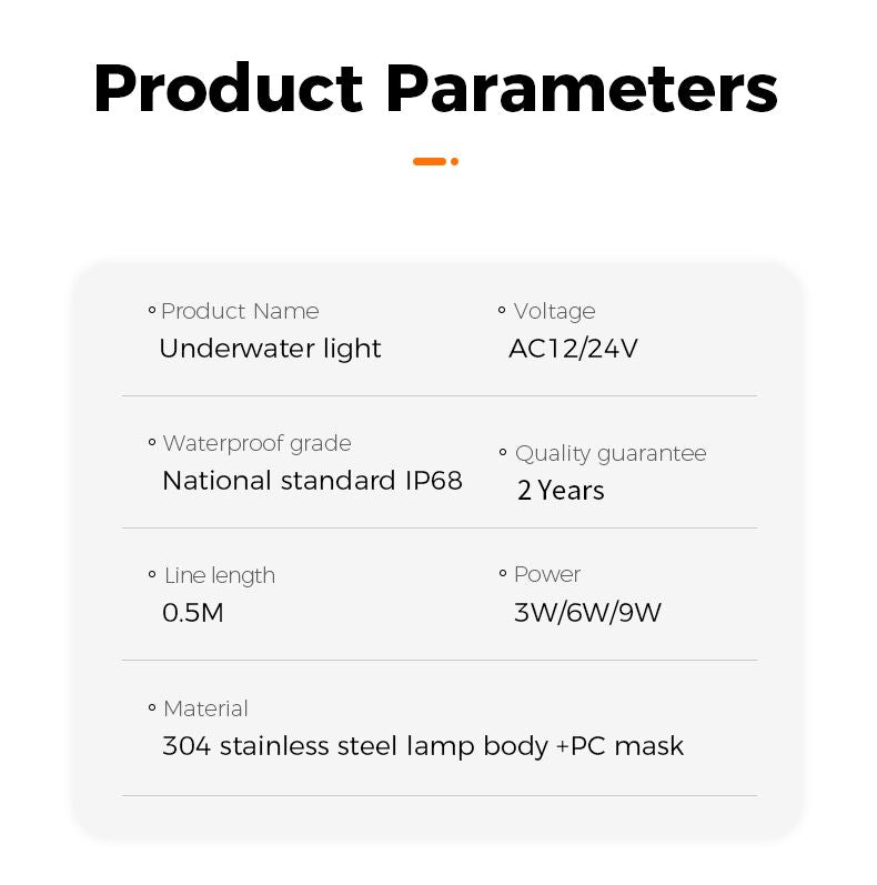 Product parameters of an underwater light on a white background