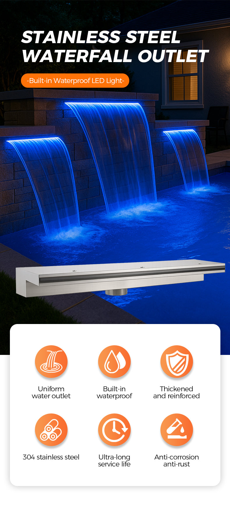 Waterfall outlet with built-in waterproof LED lights in outdoor setting